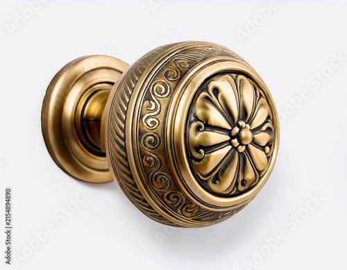backgrounbrass door knob with ornate details isolated on white background for home decoration