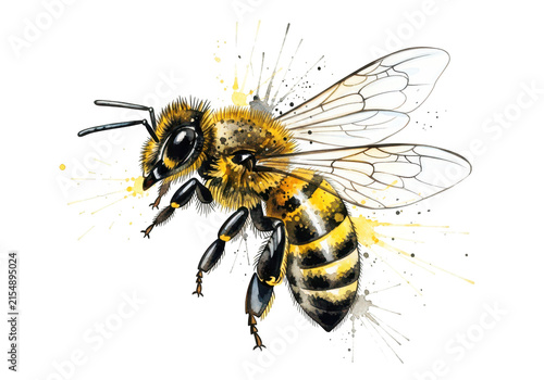 Принти на полотні Detailed watercolor illustration of a bumblebee with dynamic yellow splashes and paint splatters creating an energetic effect for nature and insect themed projects