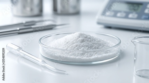 White powder substance in a glass petri dish on a laboratory bench with science tools, allantoin
