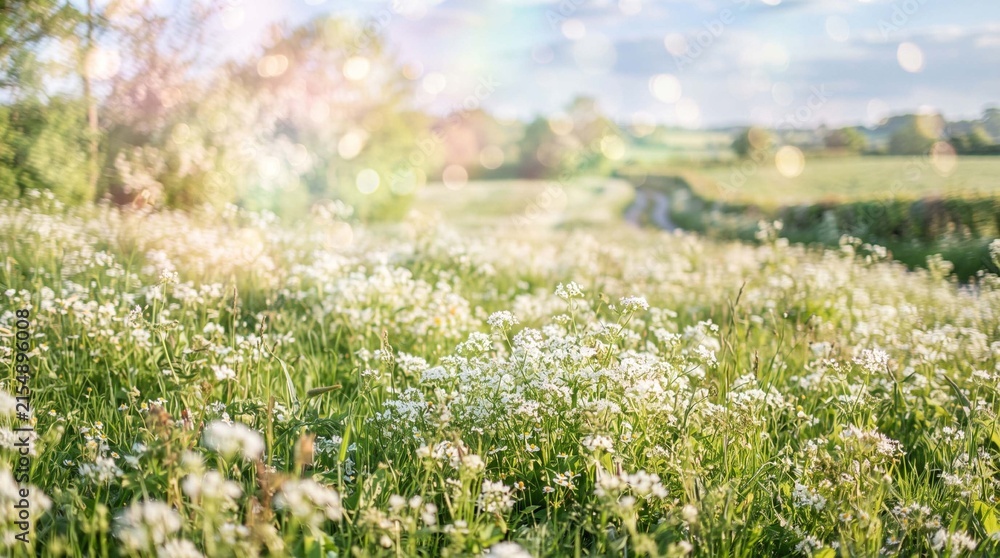 Obraz premium Vibrant Spring Meadow Filled with Colorful Wildflowers, Daisies, Pink and Yellow Blossoms, Fresh Green Grass and Bright Blue Sky in a Beautiful Natural Landscape