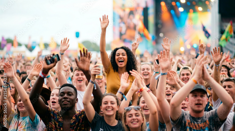 Fototapeta premium Audience cheering at concert with young diverse people enjoying live music 