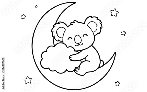 Cute cartoon koala bear sitting on a crescent moon for a fun and simple kids coloring page