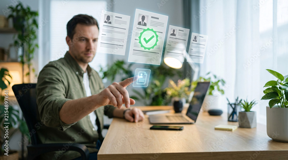 Fototapeta premium Man interacting with a holographic interface displaying verified documents and digital data, representing business analytics and information management