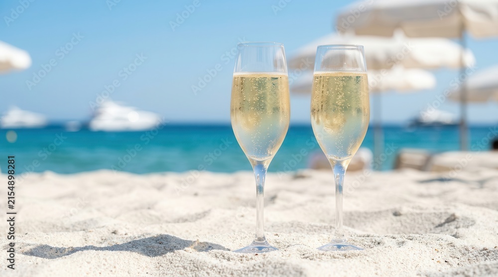 Fototapeta premium Two glasses of cold cremant champagne on the white sands of Pampelonne beach during a Provence summer day.