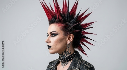 Side profile of a punk rocker woman with a tall red and black spiky mohawk haircut.