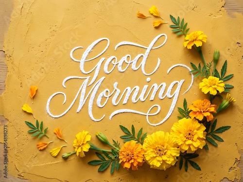 Beautiful artistic good morning greeting card featuring elegant white cursive calligraphy text surrounded by a vibrant semi circle of fresh yellow marigold flowers