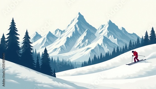 Skier gliding down snowy mountain slope surrounded by evergreen pine trees, rugged alpine peaks rising in background. Concept of winter sports, outdoor adventure, travel inspiration.