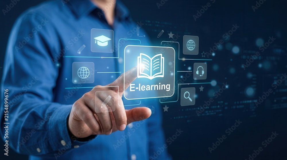 Obraz premium Online webinar and e-learning concept featuring digital education icons.