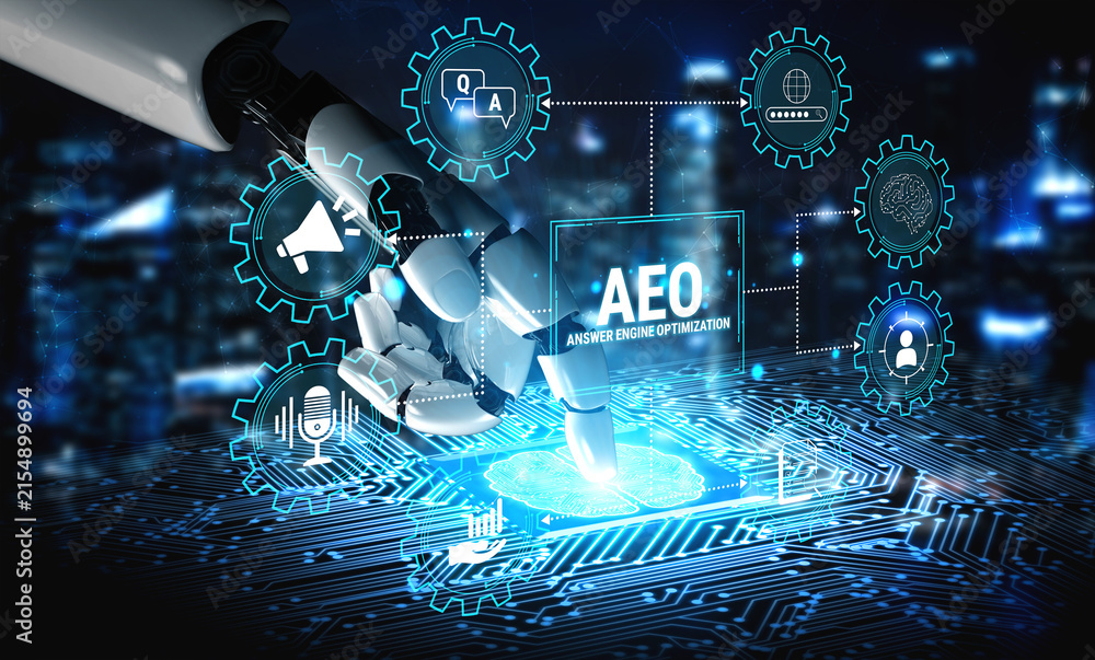 Obraz premium Robotic Hand Interacting with Digital Interface Showing AEO Technology and Visualizing Artificial Intelligence Elements in Modern Urban Setting. Glyphic.