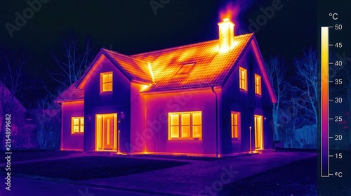 Infrared thermal image of a house showing heat loss for building inspection and energy audit.