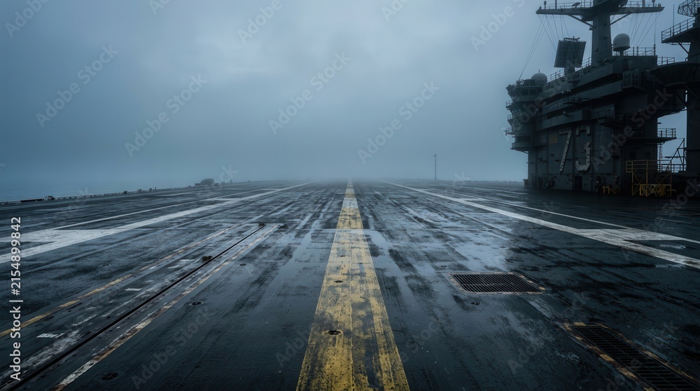 Fototapeta premium An aircraft carrier deck shrouded in thick fog on a misty morning.