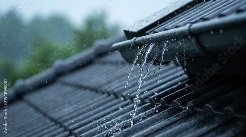 Rainwater flowing from roof tiles into a gutter during a heavy downpour.