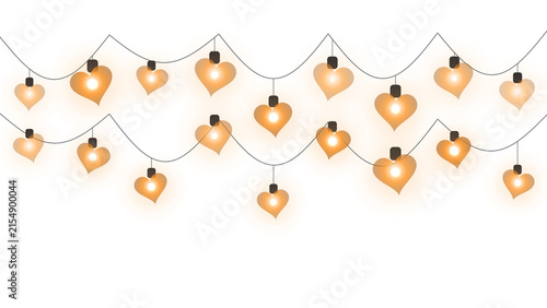 Glowing heart shaped string lights hanging on wire for romantic decoration on transparent background