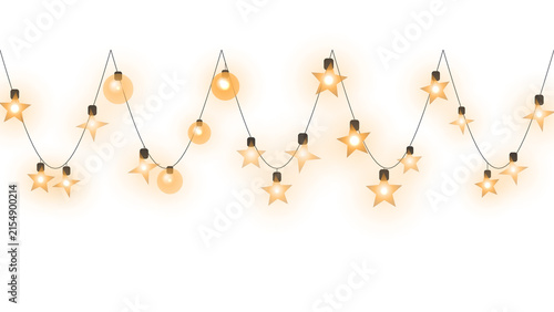 Glowing star and round bulb string lights garland decoration isolated on transparent background
