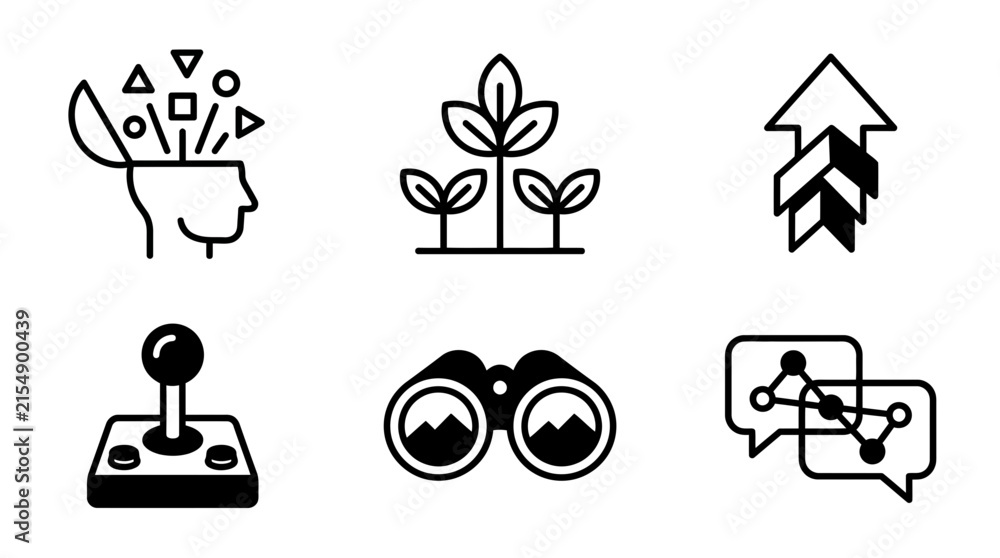Obraz premium Set of six simple black line icons representing creative thinking growth business gaming research and communication