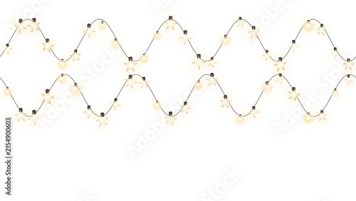 Glowing star and round bulb string lights garland isolated on transparent background