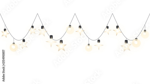 Glowing star and round bulb string lights garland isolated on transparent background