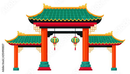 Traditional Chinese gate paifang entrance with green tiled roofs red pillars and hanging paper lanterns vector isolated illustration