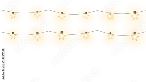 Glowing star and round string lights garland decoration on transparent background