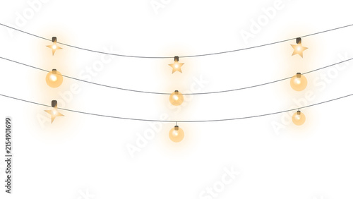 Glowing string lights with star and round bulbs hanging on wire for party decoration on transparent background