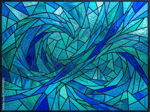Abstract Flowing Waves and Geometric Stained Glass Mosaic Backgrounds Set in Vibrant Jewel Tones