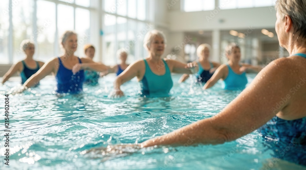 Fototapeta premium Active mature women participating in an aqua gym fitness class in a swimming pool.