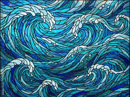 Abstract Flowing Waves and Geometric Stained Glass Mosaic Backgrounds Set in Vibrant Jewel Tones