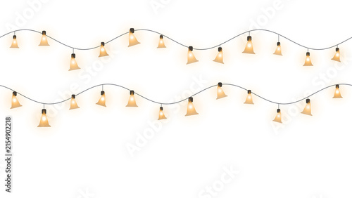Glowing string lights with warm bulbs hanging on wire isolated on transparent background