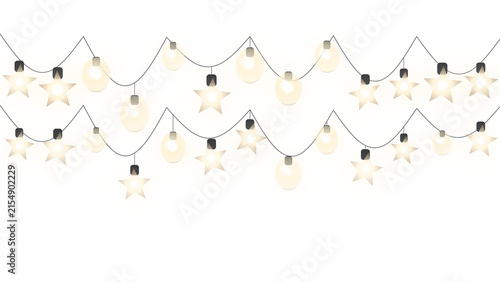 Glowing string lights with stars and bulbs hanging on wire for holiday decoration on transparent background