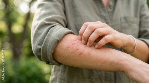 Close-up of a woman scratching itchy mosquito bites on her forearm.