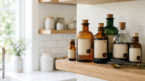 Old pharmacy bottles with cork stoppers on wooden shelf in kitchen  
