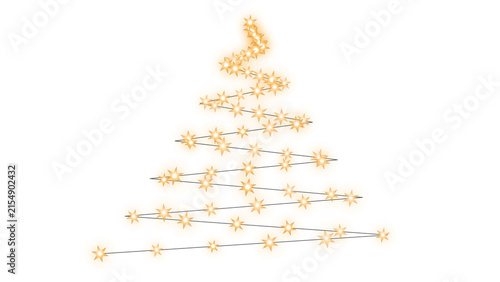 Golden star garland shaped like christmas tree glowing lights on transparent background