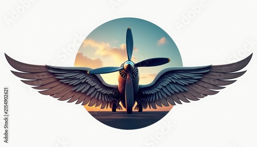 Vintage propeller airplane with outstretched wings centered against circular sunset backdrop, emblem-style composition showing nose, propeller, and detailed wing feathers.