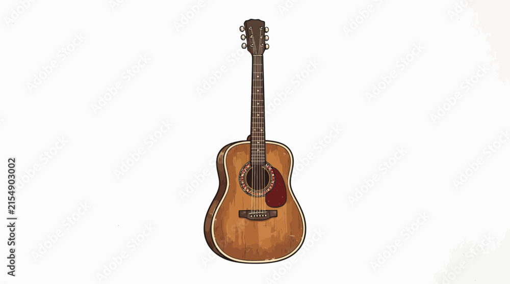 Obraz premium A detailed, full-body illustration of a classic acoustic guitar with a light brown wooden finish and a red pickguard.