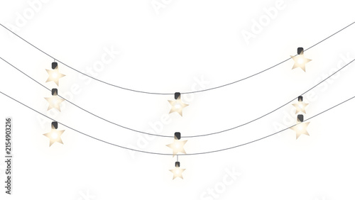 Hanging star shaped string lights glowing warmly on transparent background
