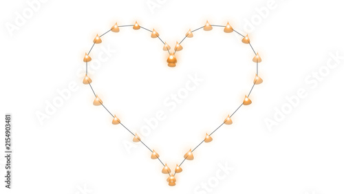 Heart shaped string lights glowing warm yellow bulbs on transparent background