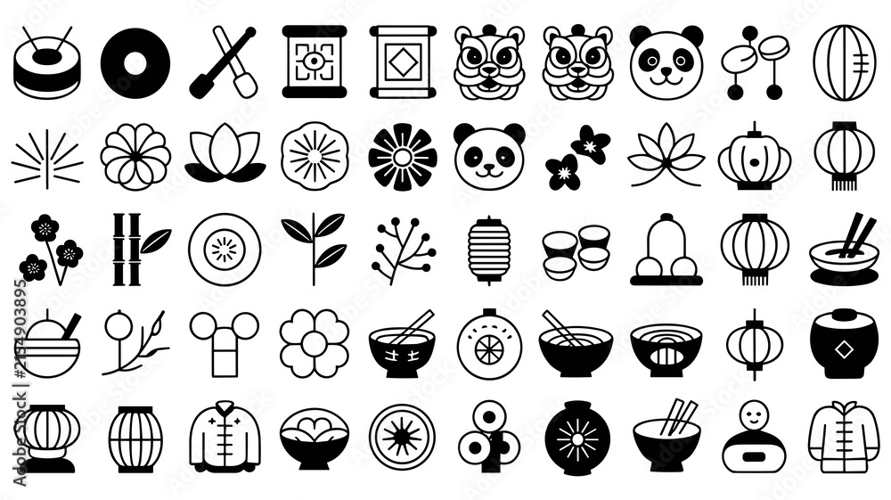 Fototapeta premium Set of sixty black and white representing chinese culture and lunar new year symbols