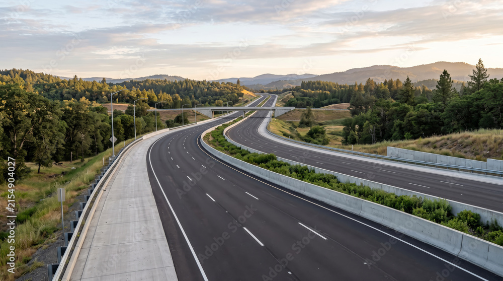 Obraz premium Scenic Mountain Highway Road Through Green Countryside Under a Dramatic Sky with Open Asphalt Route for Travel and Adventure