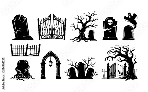 Fotografie Collection of spooky graveyard elements including tombstones gates and dead tree