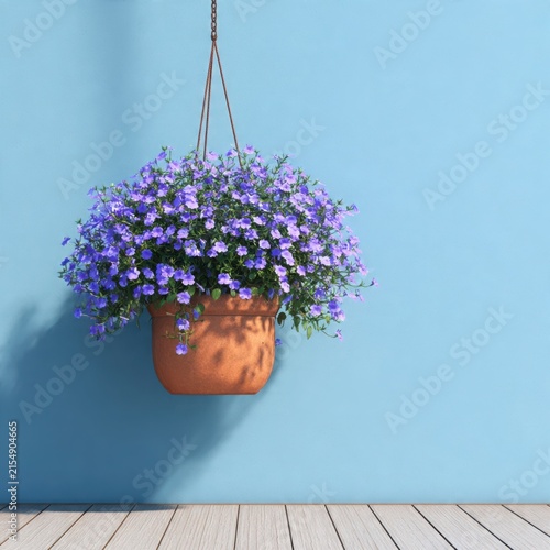 Hanging flower pot with purple blooms on porch