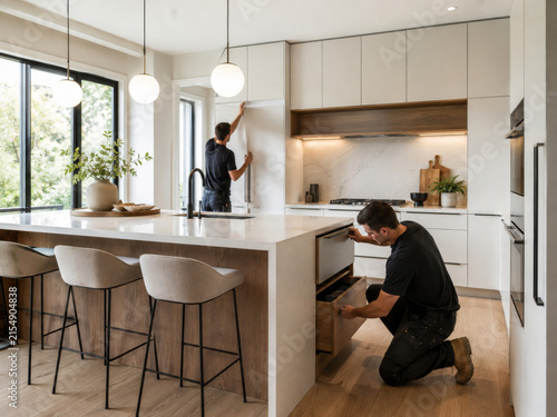 Trabajadores en una cocina moderna realizando tareas de instalación y ajuste
