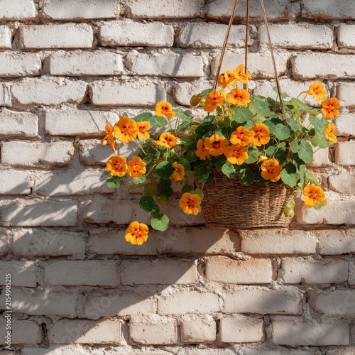 Bright orange flowers in a hanging woven basket