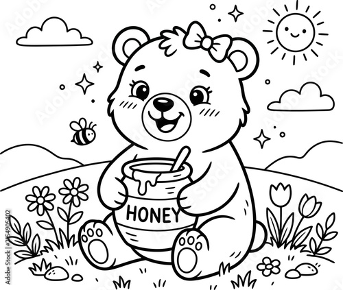 Cute bear cub holding a honey pot with flowers and sun isolated on transparent background