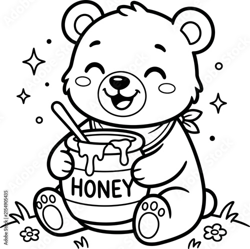 Adorable cartoon bear holding a jar of honey isolated on transparent background