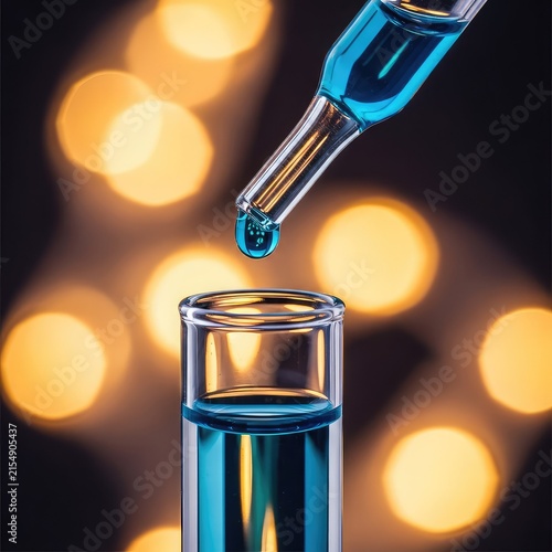 Detailed macro view of a glass pipette tip dropping blue liquid into a tube against a soft bokeh light background in a research laboratory, discovery, equipment, droplet