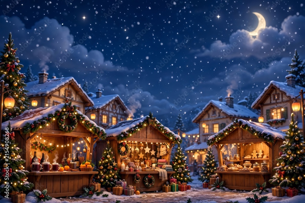Obraz premium Traditional European Christmas market stalls decorated with lights under a moonlit snowy sky