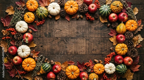 Autumn harvest frame with pumpkins, apples, and pinecones on wood
