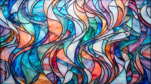 Vibrant abstract stained glass panel with flowing organic shapes in a mosaic of blue orange purple and green tones creating a captivating visual texture