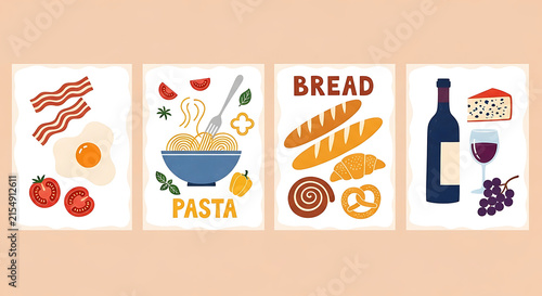 Minimalist food illustration poster set featuring kitchen wall art with culinary design for breakfast pasta bakery and wine themes