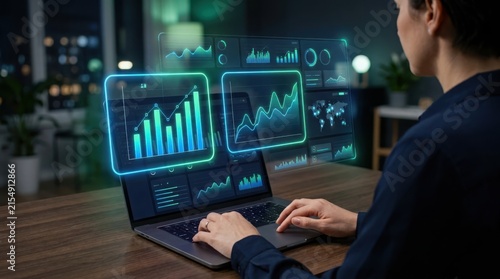 Person analyzing stock market charts on holographic screens